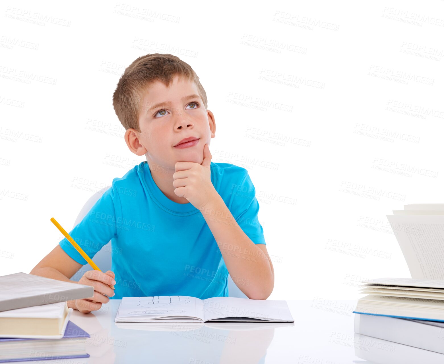 Buy stock photo Education, thinking and notebook with boy on png for learning, knowledge or study. Homework, school and assessment with young student and idea isolated on transparent background for child development