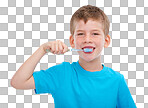 A happy boy brushing his teeth with a big smile, demonstrating the importance of dental care and maintaining oral hygiene for a fresh and healthy mouth isolated on a transparent PNG background.