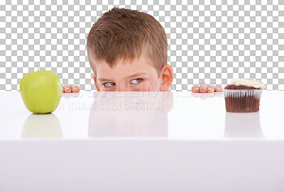 Buy stock photo Choice, decision and child with apple and cupcake on isolated, png and transparent background. Childhood, healthy eating and young boy with fruit, cake and candy to choose dessert, luxury and treats