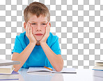 A student boy with a sad and frustrated expression struggles with learning disabilities, burnout, anxiety, and ADHD-induced stress while studying or preparing for tests isolated on a PNG background.