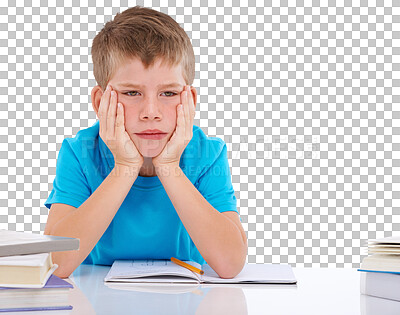 Buy stock photo Books, learning and bored child with a school desk for studying and classroom work. Frustrated, young kid and education of a tired boy feeling upset isolated on a transparent, png background
