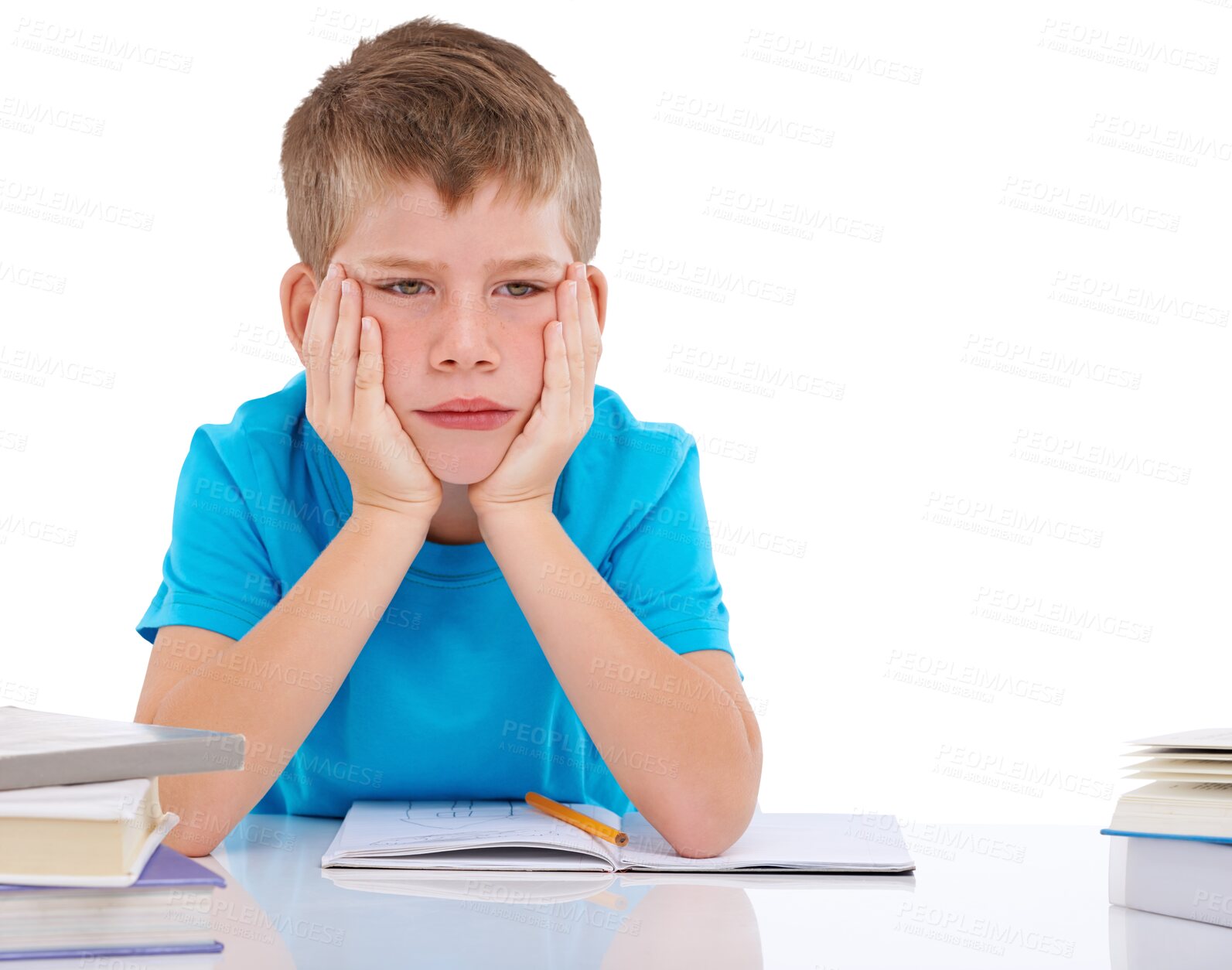 Buy stock photo Books, learning and bored child with a school desk for studying and classroom work. Frustrated, young kid and education of a tired boy feeling upset isolated on a transparent, png background
