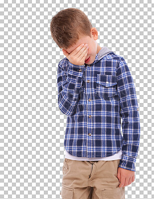 Buy stock photo Boy child, crying and hand on face for problem, depressed or lost by transparent png background. Sad male kid, isolated model and depression for fear, scared or confused with eyes hidden with anxiety