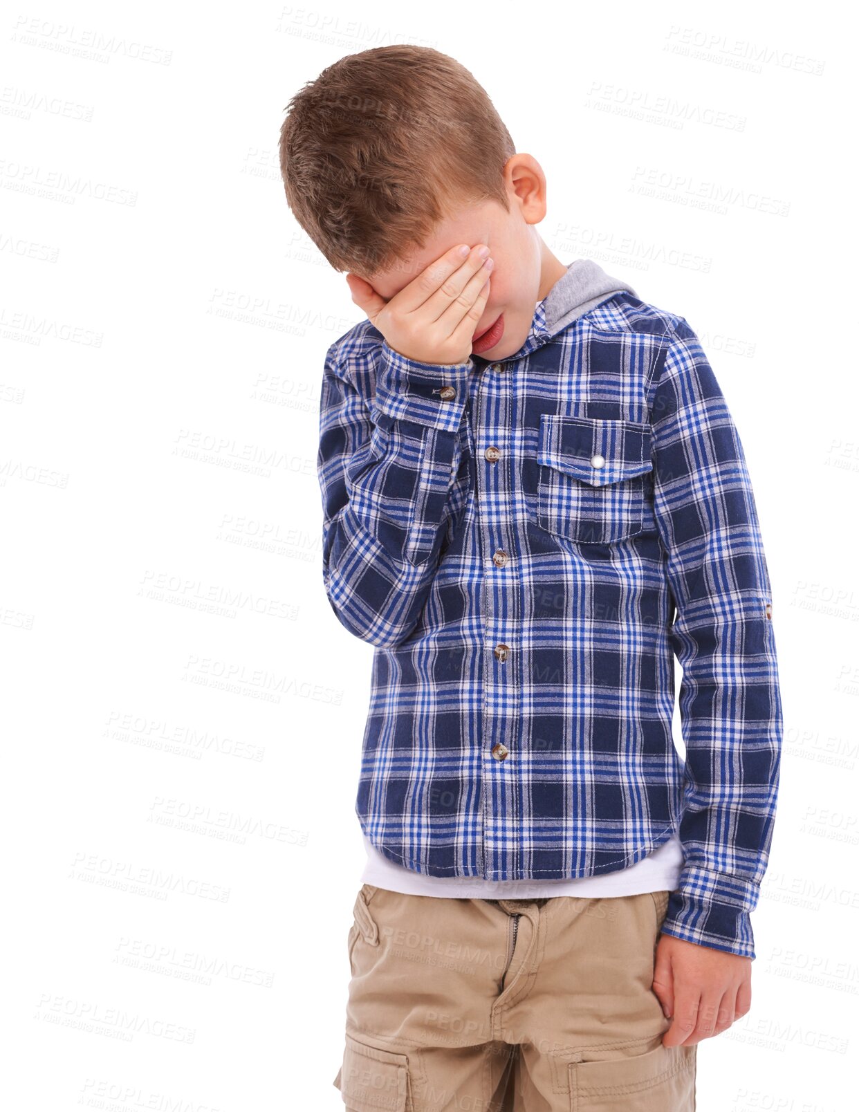 Buy stock photo Boy child, crying and hand on face for problem, depressed or lost by transparent png background. Sad male kid, isolated model and depression for fear, scared or confused with eyes hidden with anxiety