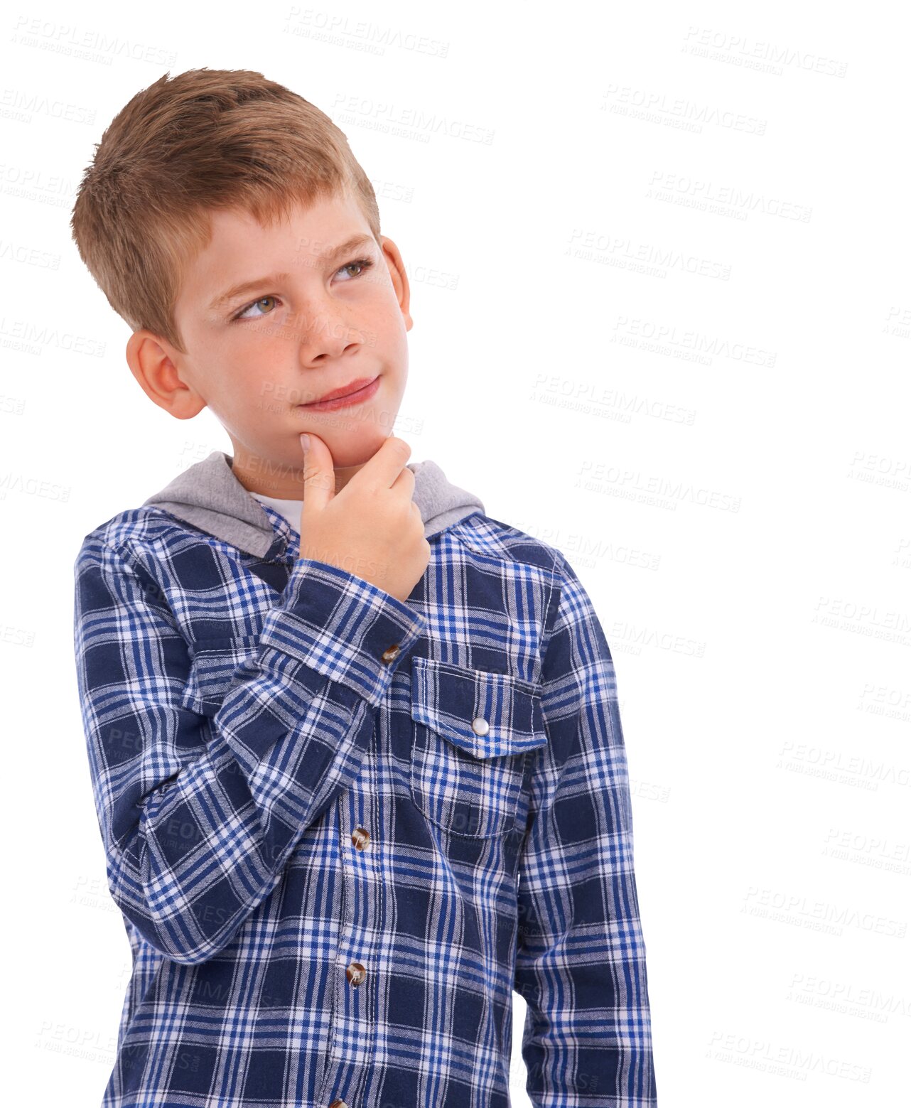 Buy stock photo Thinking, curious and boy child with idea on isolated, png and transparent background with thoughts. Vision, question mindset and face of kid with thoughtful, wondering and contemplating expression