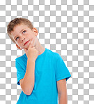 A boy in deep thought, daydreaming or planning with elements of wonder, creativity, and goal-setting isolated on a PNG background.