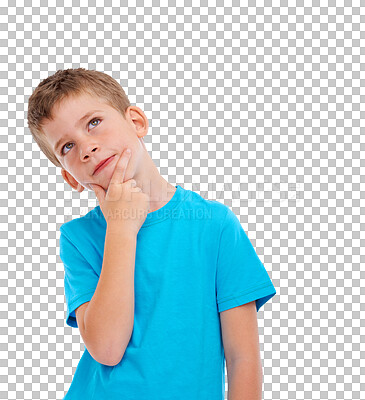 Buy stock photo Thinking, question and boy child with idea on isolated, png and transparent background with thoughts. Planning, curious mindset and face of kid with thoughtful, wondering and contemplating expression