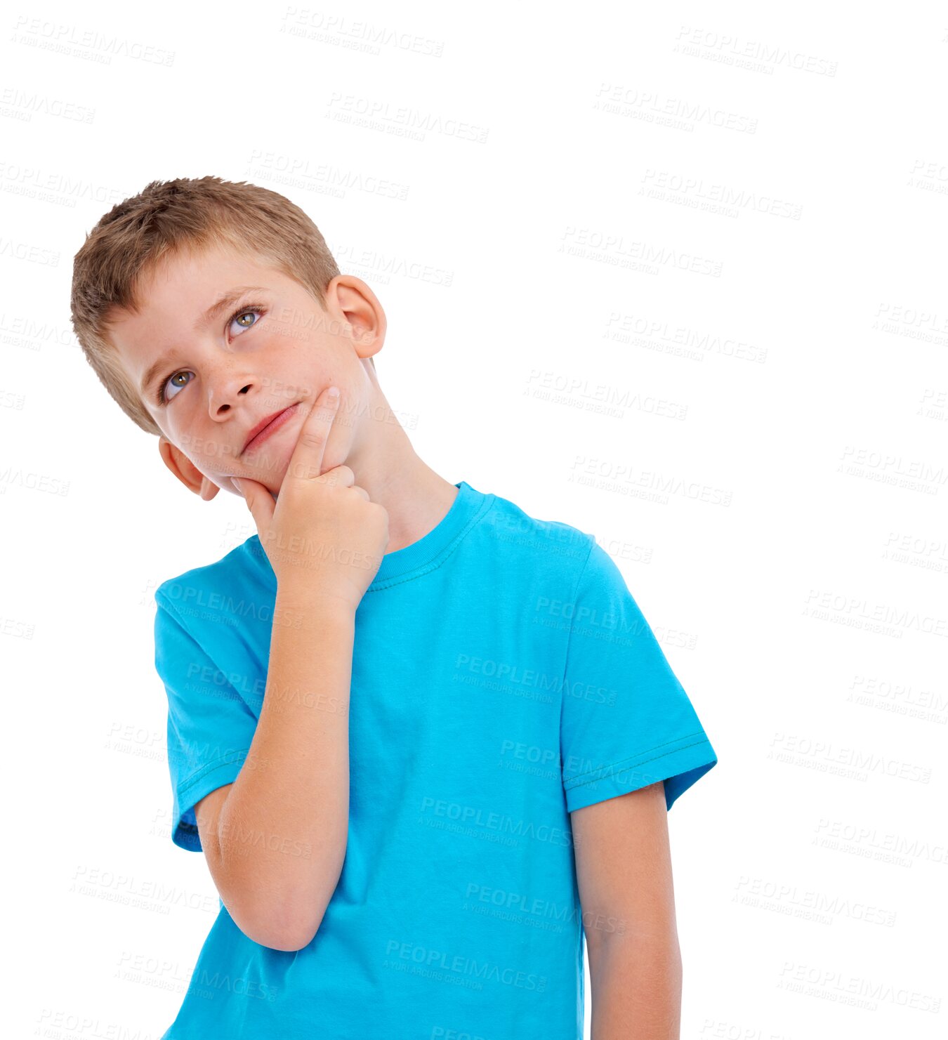 Buy stock photo Thinking, question and boy child with idea on isolated, png and transparent background with thoughts. Planning, curious mindset and face of kid with thoughtful, wondering and contemplating expression