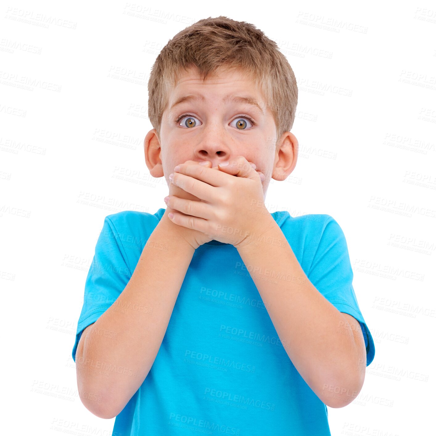 Buy stock photo Child, portrait and shocked with secret for surprise, confidential or news with big eyes. Young little kid covering mouth with surprised facial expression isolated on a transparent PNG background