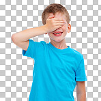 A child playing and covering his face with his hand playing hide and seek and surprises his kids fellow kids isolated on a png background.