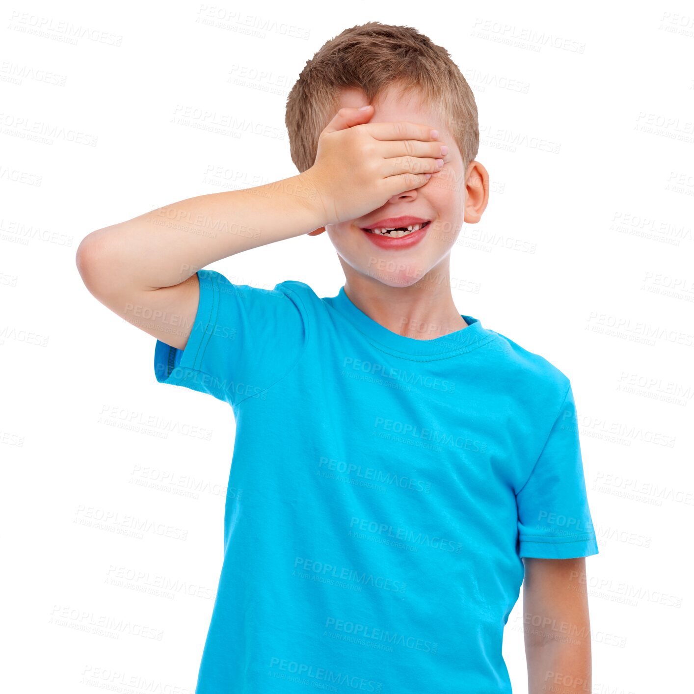 Buy stock photo Playful, hiding child and hand over face of a young boy with happiness and hide and seek game. Youth, children play and happy smile from a kid being silly isolated on a transparent, png background
