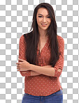 A Asian woman, happy portrait and smile with arms crossed, pride and motivation. Face of female leader marketing beauty, cosmetic and makeup with positive mindset in isolated on a png background