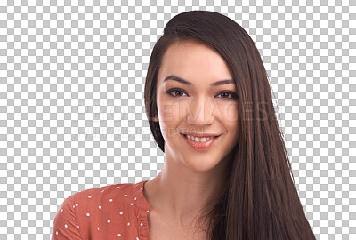 Buy stock photo Fashion, happy and portrait of Asian woman with smile on isolated, png and transparent background. Beauty, style and face of female person for confident, pride and natural cosmetics in trendy clothes