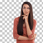 Thinking, mockup and vision with a model woman  for marketing. Idea, branding and product placement with a young female on blank advertising space or mock up isolated on a png background