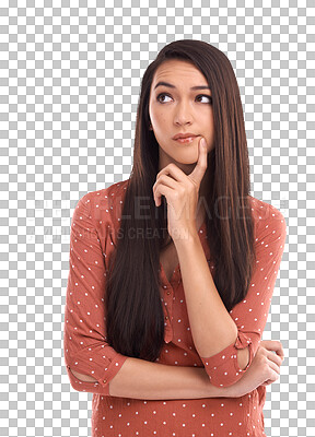 Buy stock photo Thinking, confused and doubt with woman on png for idea, decision or choice. Questions, brainstorming and planning with female isolated on transparent background for solution, remember or inspiration