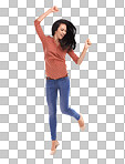 A Woman, happy and jumping for success, freedom and achievement. Yes, person smile and air jump dancing for happiness, excited energy and lifestyle motivation isolated on a png background