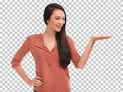 Buy stock photo Smile, show and happy Asian woman with hand on isolated, png and transparent background. Fashion, natural beauty and female person with showing gesture for deal information, promotion and presenting