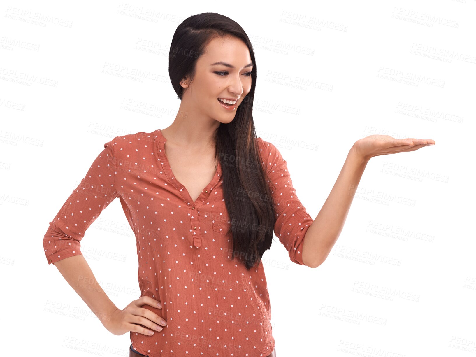 Buy stock photo Smile, show and happy Asian woman with hand on isolated, png and transparent background. Fashion, natural beauty and female person with showing gesture for deal information, promotion and presenting