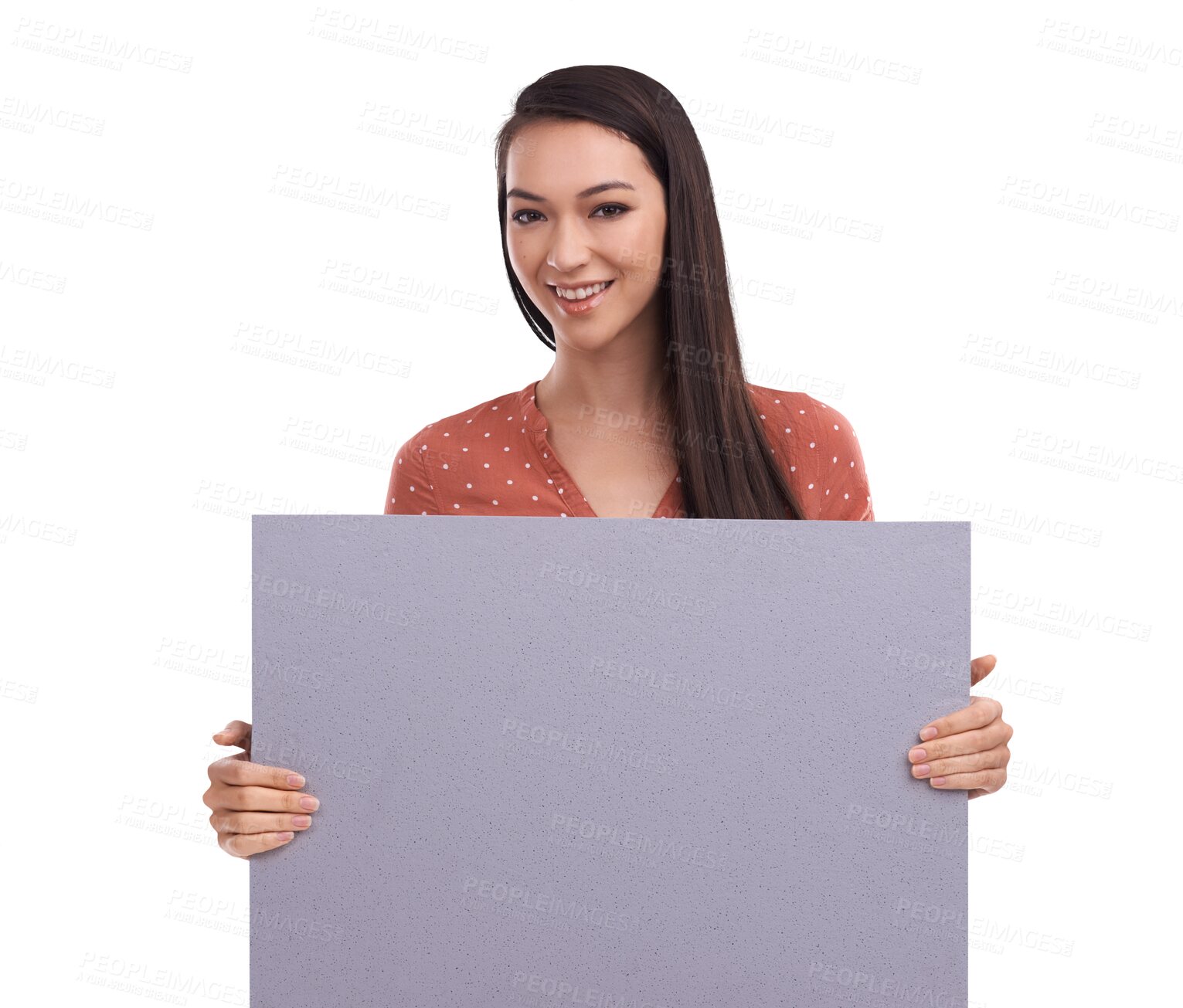 Buy stock photo Woman, blank poster and smile in portrait for presentation of ideas, opinion or vote by transparent png background. Isolated girl, billboard or poster with mockup space, promotion and show review