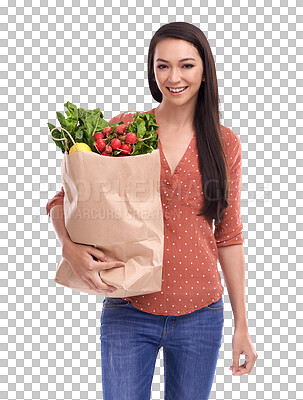 A Woman, happy portrait and healthy food or grocery shopping bag in for nutrition health, vegetables diet and happiness isolated in studio. Model, face and smile for organic groceries isolated on a png background