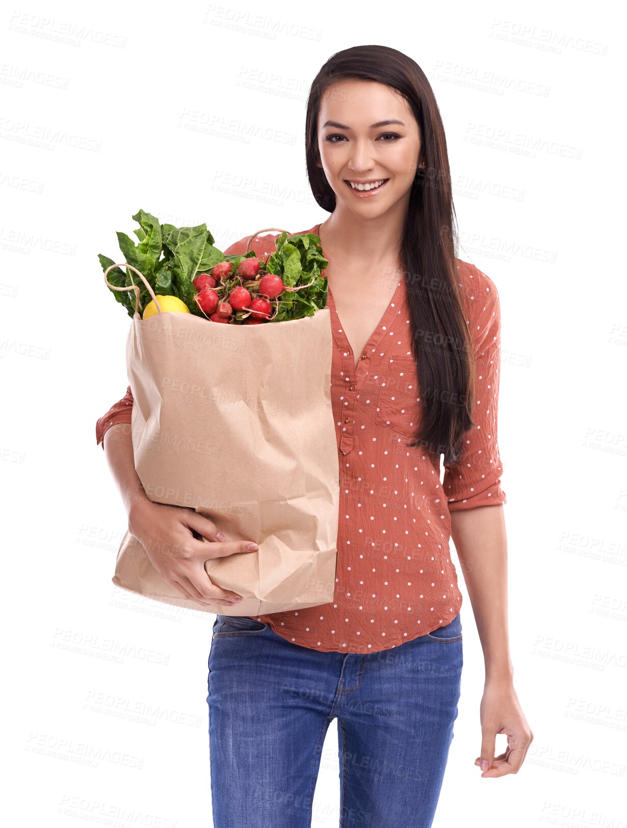 Buy stock photo Woman, groceries and bag with smile in portrait for discount, sale and healthy customer. Isolated model, girl and grocery shopping with happiness, fruit or vegetables by transparent png background