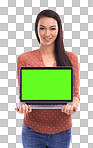 A young Asian woman or a girl with computer screen mockup for online data, Green screen, laptop background for website, digital logo and information marketing, advertising isolated  isolated on a png background.