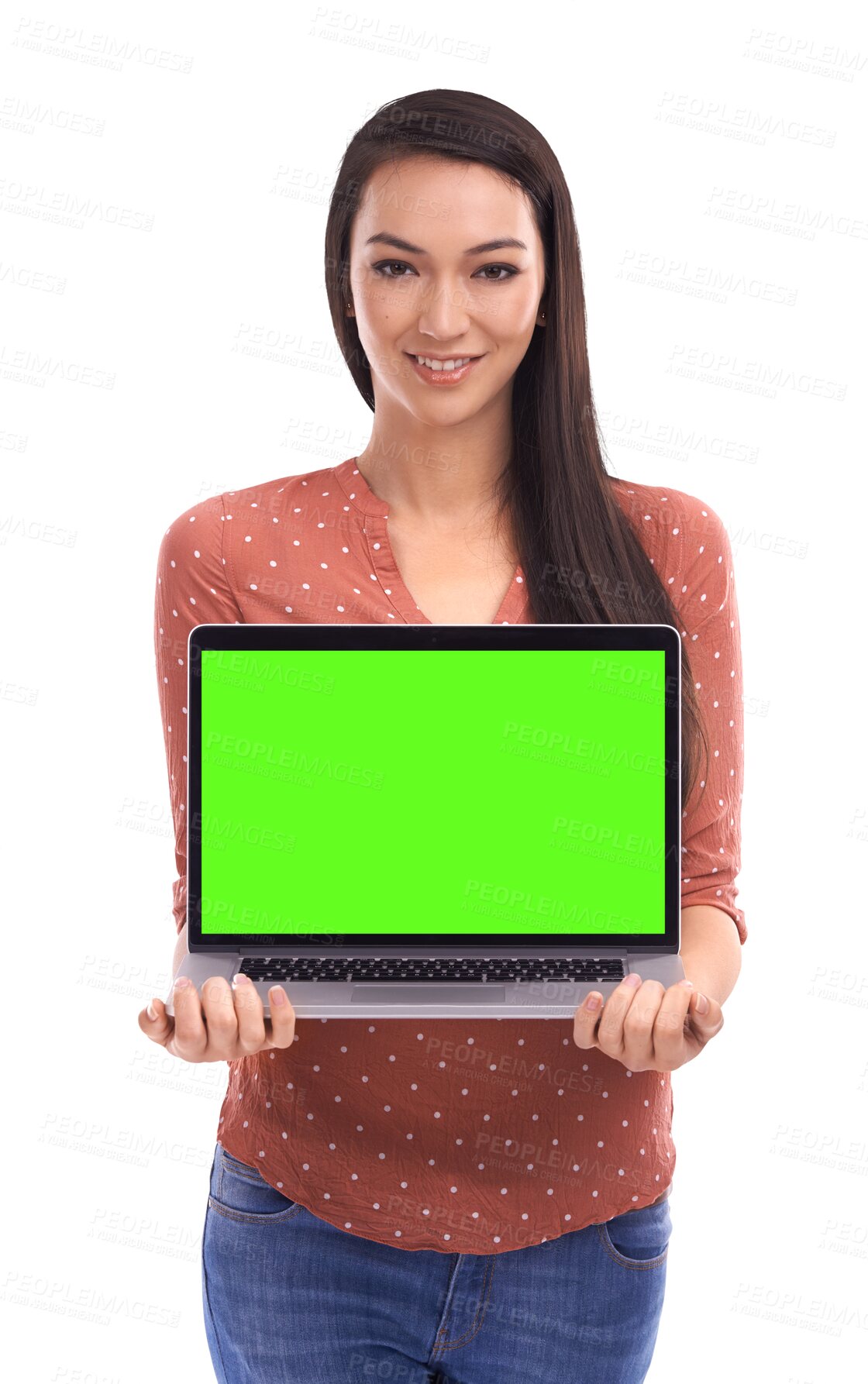 Buy stock photo Woman, happy and laptop green screen in portrait for presentation of website, logo or app by transparent png background. Isolated student girl, computer and mock up space, promotion and web review