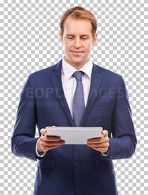 Buy stock photo Tablet, business and man reading email, feedback or erp report isolated on transparent png background. Networking, internet search and ux of businessman on tech app checking digital schedule online.