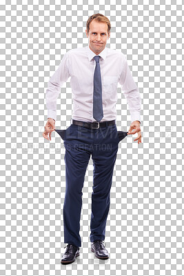 Buy stock photo Business man portrait, empty pockets and finance crash with bankruptcy from investment. Poor, broke and corporate banking issue with debt of businessman isolated on a transparent png background
