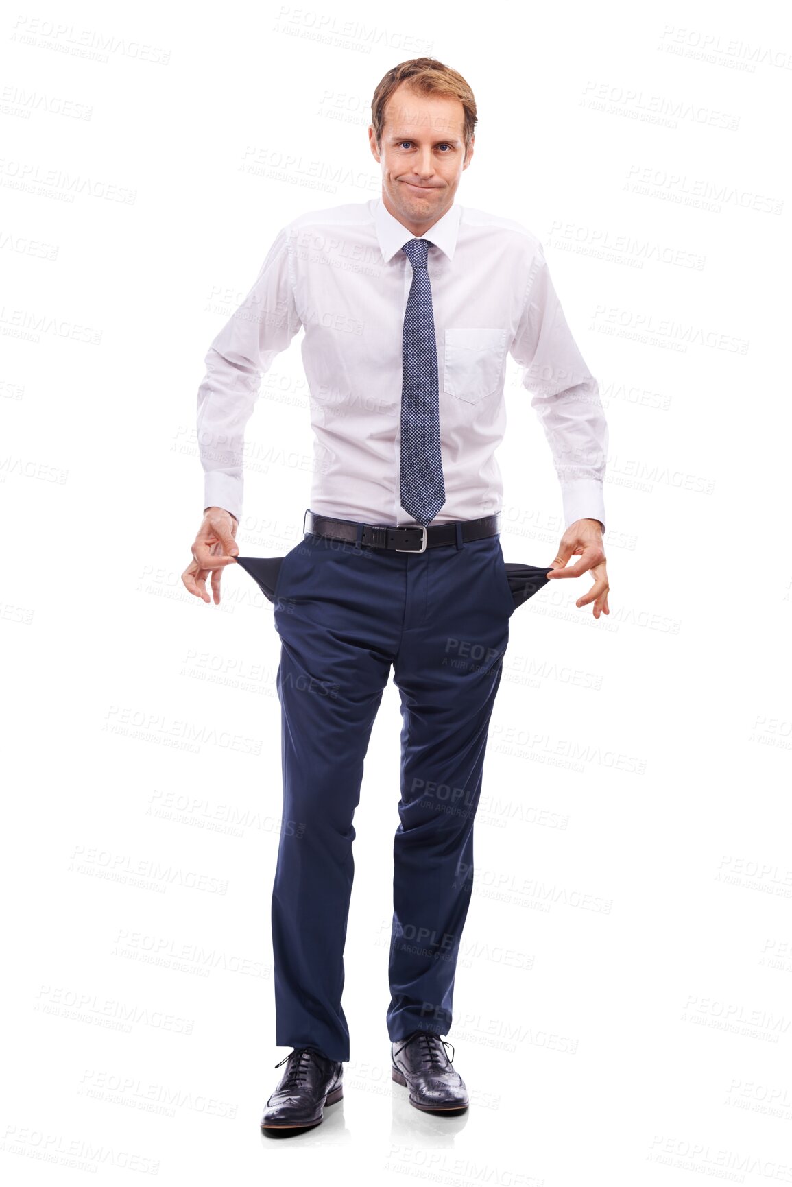 Buy stock photo Business man portrait, empty pockets and finance crash with bankruptcy from investment. Poor, broke and corporate banking issue with debt of businessman isolated on a transparent png background
