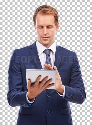 Buy stock photo Online tablet, scroll and business man checking erp report isolated on transparent png background. Networking, internet search and businessman on tech app reading digital schedule or sales feedback