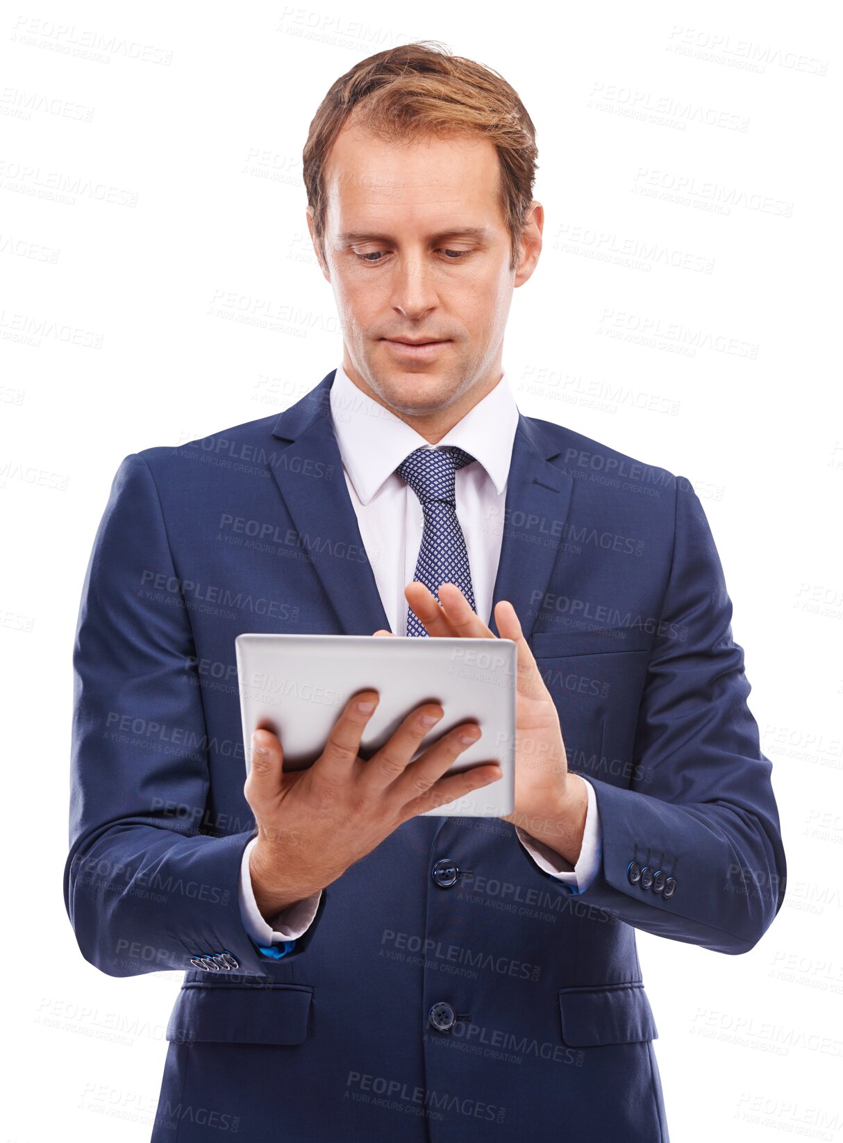 Buy stock photo Online tablet, scroll and business man checking erp report isolated on transparent png background. Networking, internet search and businessman on tech app reading digital schedule or sales feedback