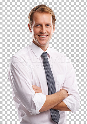 Buy stock photo Business, happy and portrait of man with arms crossed isolated on a transparent png background. Male entrepreneur, professional and corporate manager in businessman pride, confidence and management