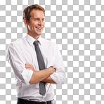 Standing confidently with arms crossed, a businessman reflects on the growth and future mission of their advertising and marketing visual, approaching it with a positive mindset isolated on a PNG background.