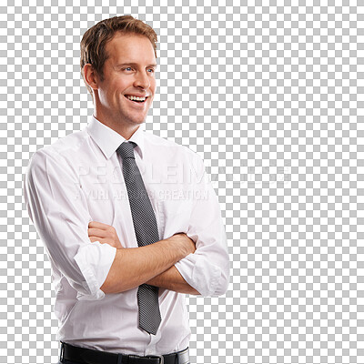 Buy stock photo Happy man, arms crossed and thinking of business ideas isolated on a transparent png background. Male worker daydream of visionary future, mindset solution and corporate planning of hope inspiration