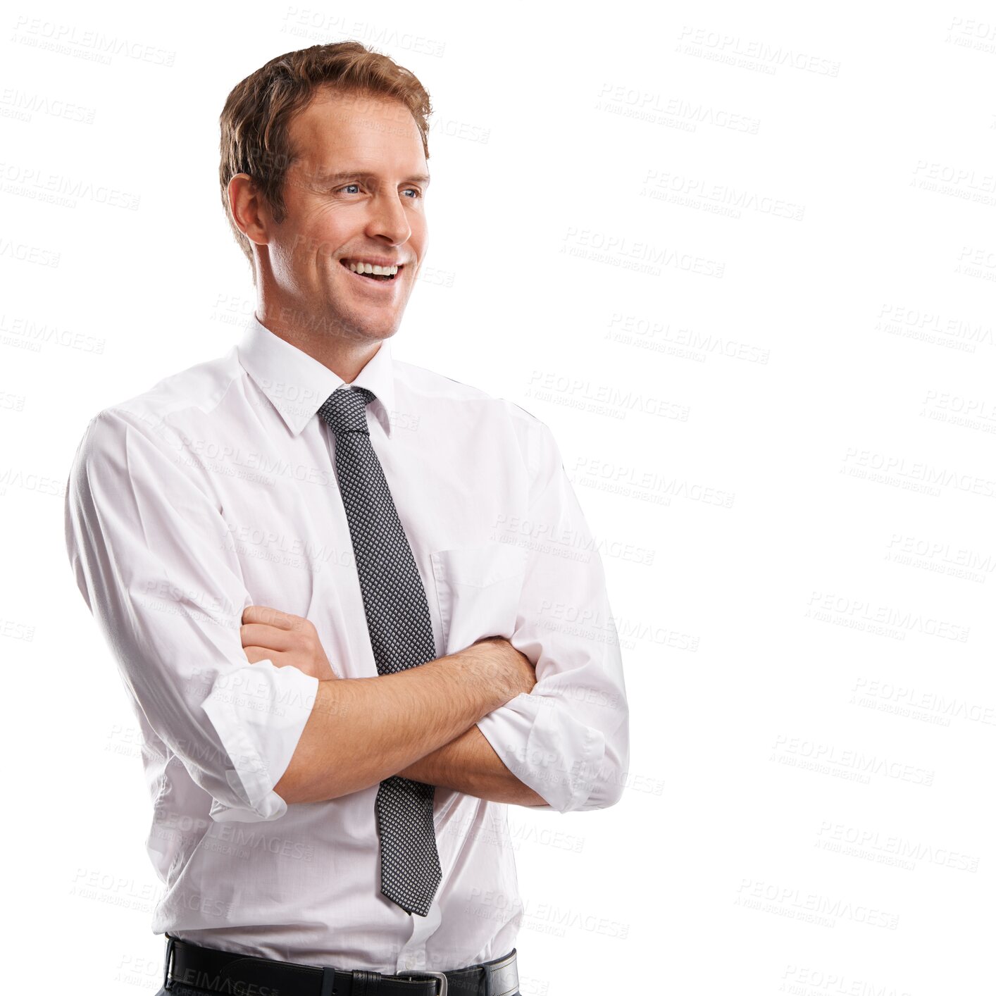 Buy stock photo Happy man, arms crossed and thinking of business ideas isolated on a transparent png background. Male worker daydream of visionary future, mindset solution and corporate planning of hope inspiration