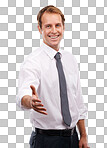 A cheerful young businessman extends his hand for a handshake, with a beaming smile, in anticipation of a corporate or partnership deal isolated on a PNG background.