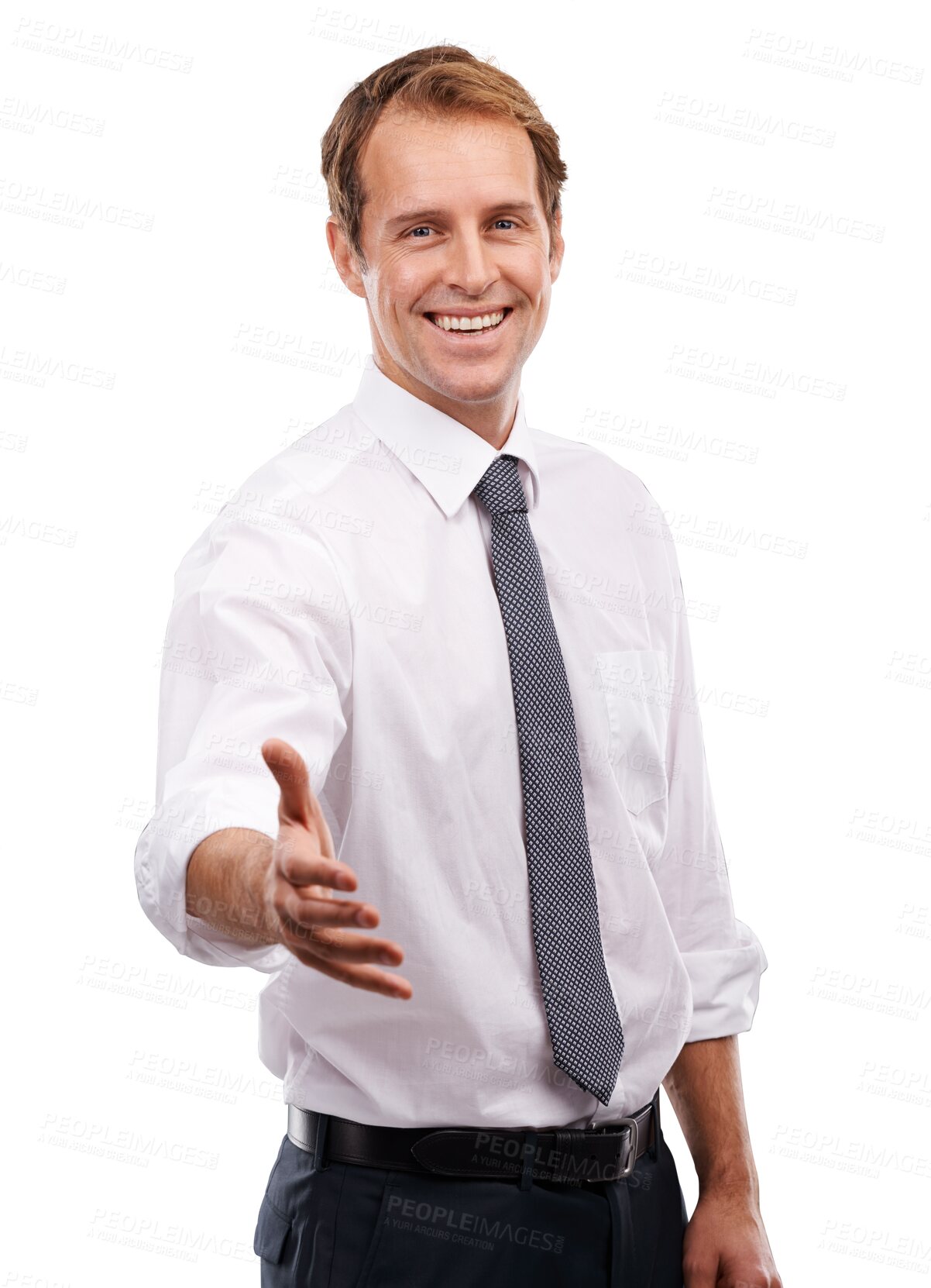 Buy stock photo Handshake, offer and portrait of business man for hiring, thank you and HR deal. Happy male manager open palm for shaking hands, recruitment and partnership isolated on a transparent png background 