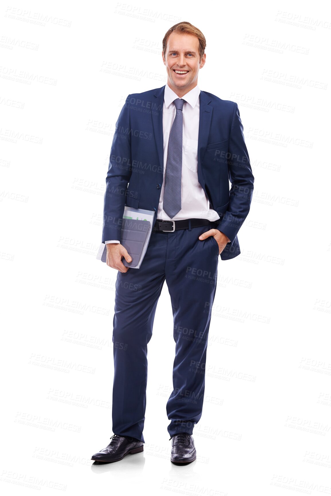 Buy stock photo Happy man, portrait and business folder isolated on transparent png background in professional suit. Corporate male employee holding documents for career proposal, contract or pride of businessman