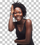 The beautiful black woman indulged in a hair growth treatment, along with skincare, makeup, and cosmetics, while also taking care of her self-love at the salon isolated on a png background.