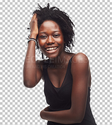 Buy stock photo Beauty, self love and black woman portrait laughing with happiness and natural hair care. Happy, smile and face of a African female model with youth isolated on a transparent, png background
