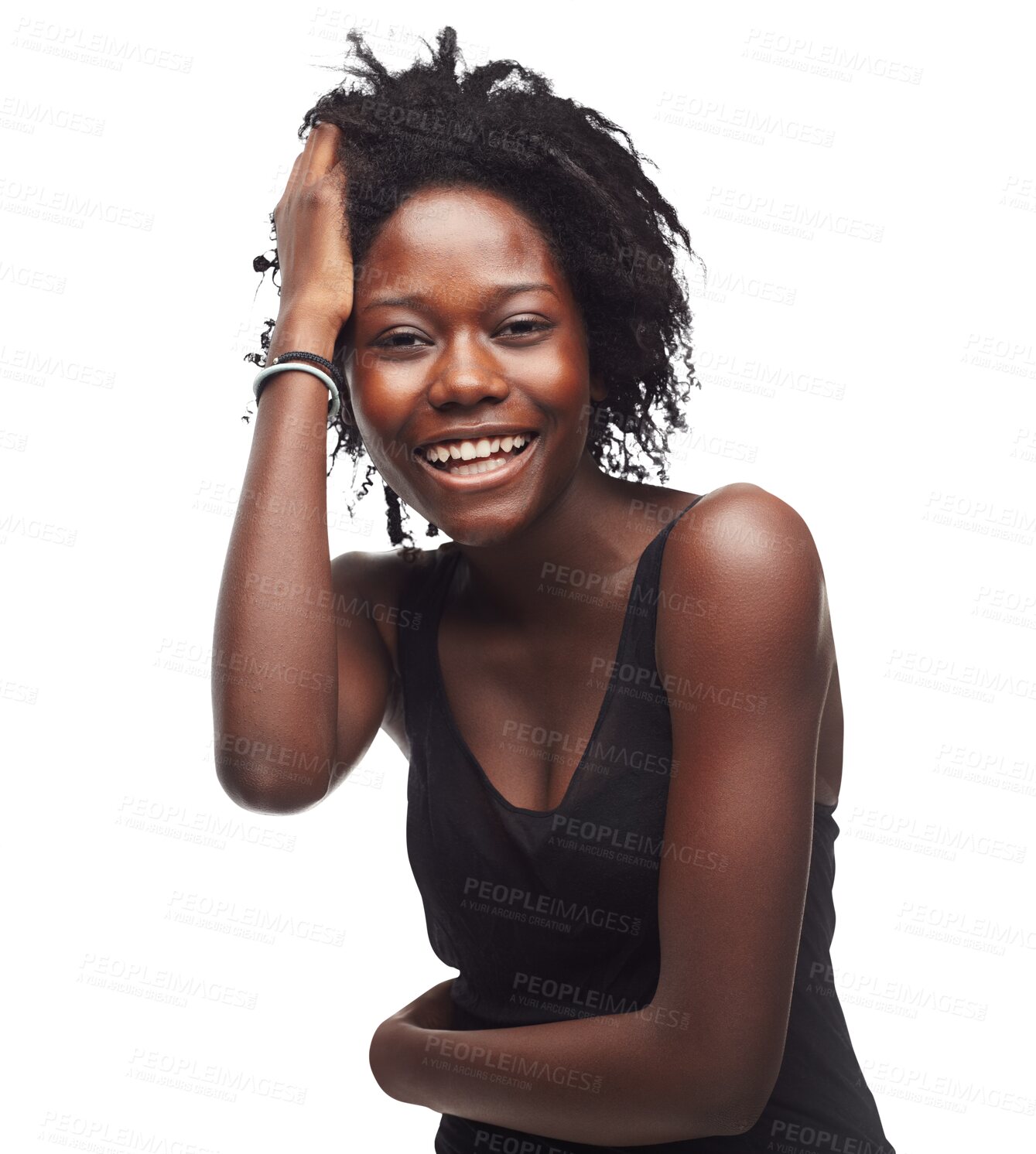 Buy stock photo Beauty, self love and black woman portrait laughing with happiness and natural hair care. Happy, smile and face of a African female model with youth isolated on a transparent, png background
