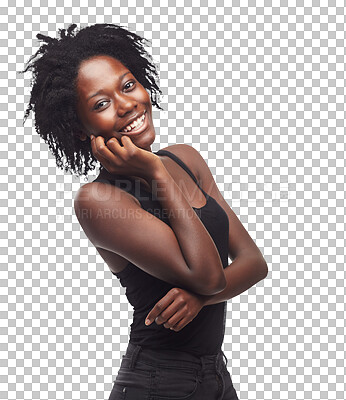 Buy stock photo Beauty, confidence and black woman portrait laughing with happiness and natural hair care. Happy, smile and face of a real and young African female model isolated on a transparent, png background
