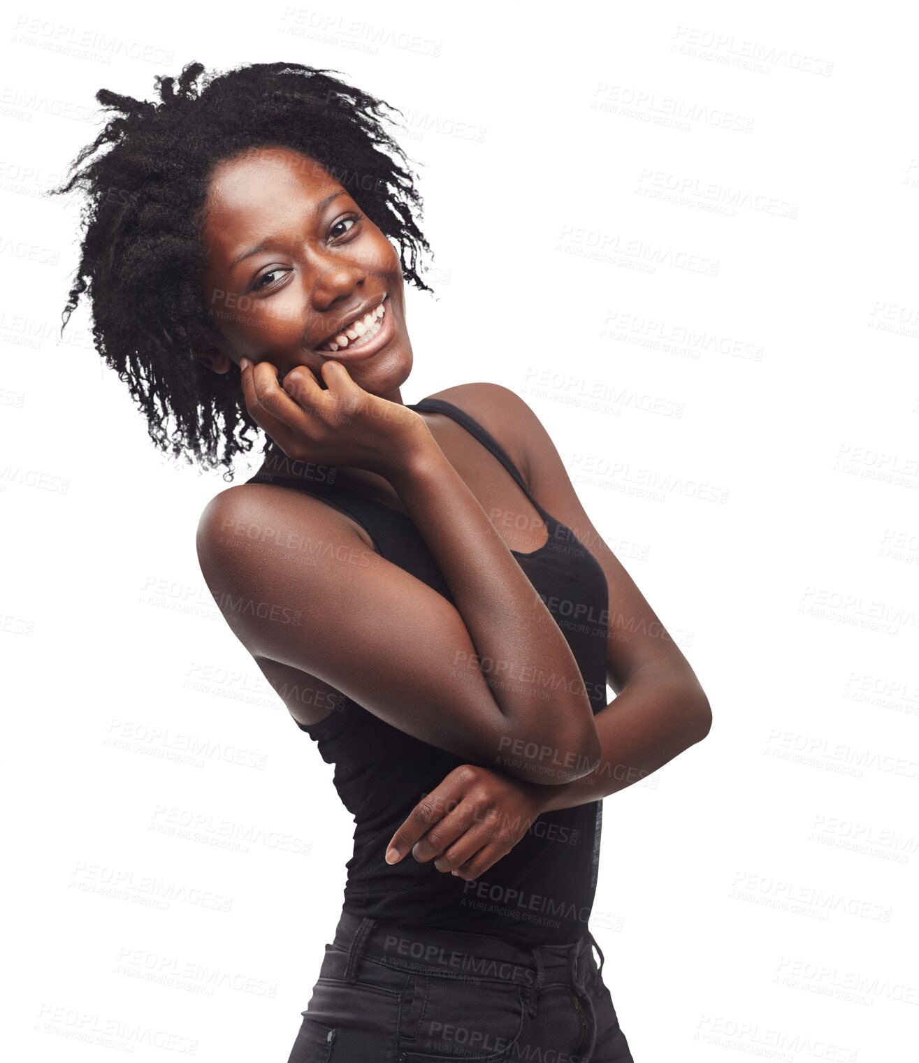 Buy stock photo Beauty, confidence and black woman portrait laughing with happiness and natural hair care. Happy, smile and face of a real and young African female model isolated on a transparent, png background
