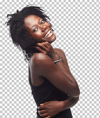 Buy stock photo Beauty, self love and black woman portrait laugh with happiness and natural hair care. Happy, funny joke and face of a African female model with youth isolated on a transparent, png background
