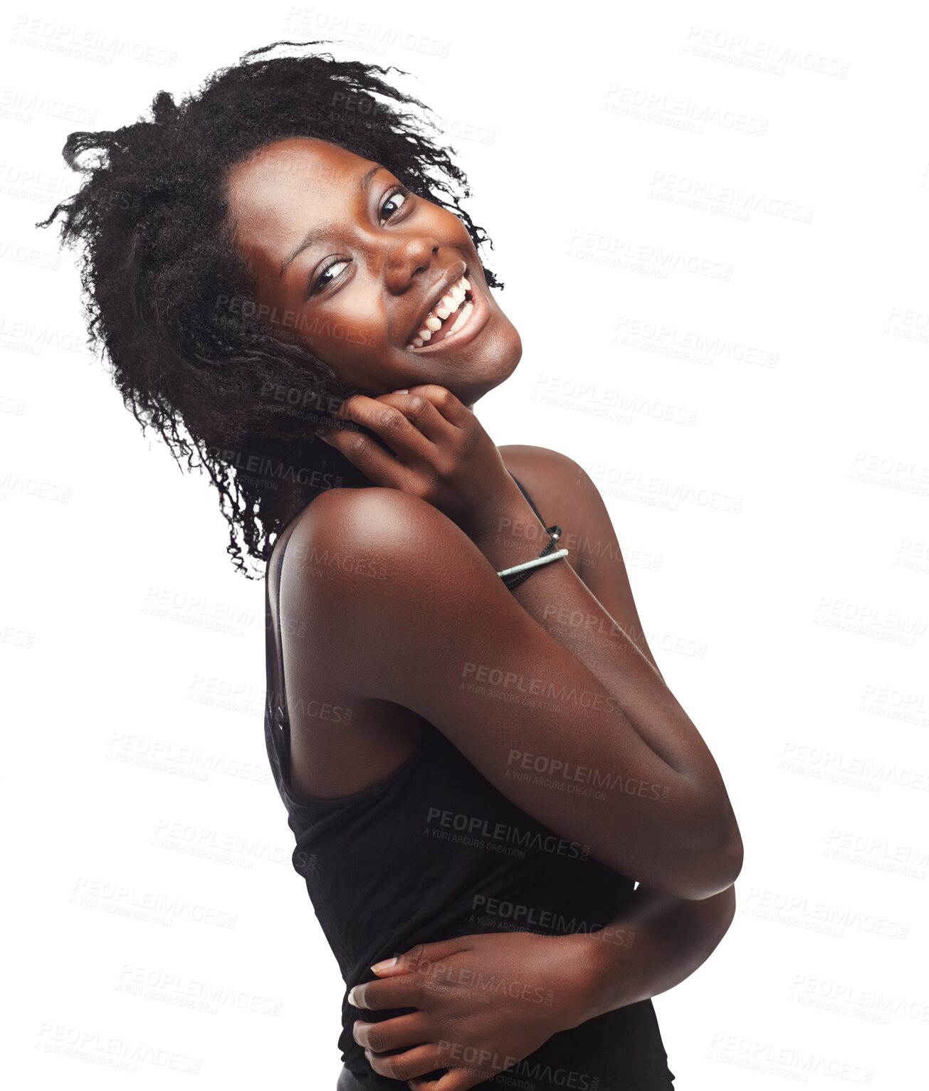 Buy stock photo Beauty, self love and black woman portrait laugh with happiness and natural hair care. Happy, funny joke and face of a African female model with youth isolated on a transparent, png background
