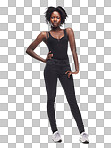 Standing confidently in a casual outfit, the African black woman gives a natural pose that showcases the beauty on her face, proudly demonstrating her confidence isolated on a png background.