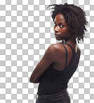 The African black woman from Jamaica slightly leans back confidently, radiating natural beauty and a sense of calm, empowered by her fashion choices isolated on a png background.