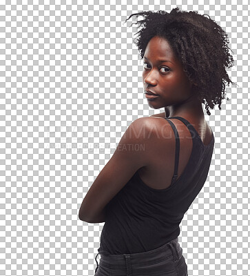 Buy stock photo Beauty, serious portrait or confident black woman with dark fashion clothes, aesthetic style and cosmetics skincare glow. Makeup, confidence or female model isolated on a transparent, png background.