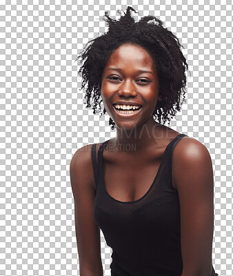 Buy stock photo Beauty, natural afro and black woman portrait laughing with happiness and natural hair care. Happy, smile and face of a African female model with youth isolated on a transparent, png background
